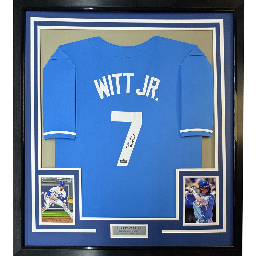 Framed Facsimile Autographed Bobby Witt Jr 35x39 Kansas City Blue Reprint Laser Auto Baseball Jersey (ONLINE ORDER ONLY)