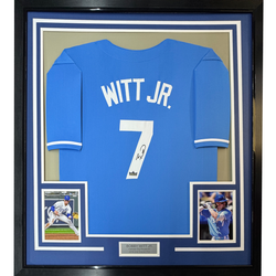 Framed Facsimile Autographed Bobby Witt Jr 35x39 Kansas City Blue Reprint Laser Auto Baseball Jersey (ONLINE ORDER ONLY)