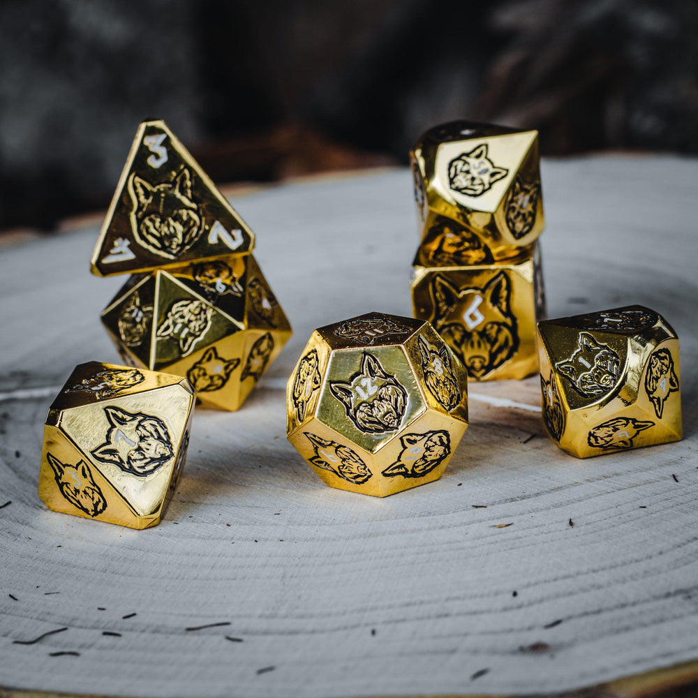 Wolves' Den White, Black, and Gold Metal Dice Set (ONLINE ORDER ONLY)