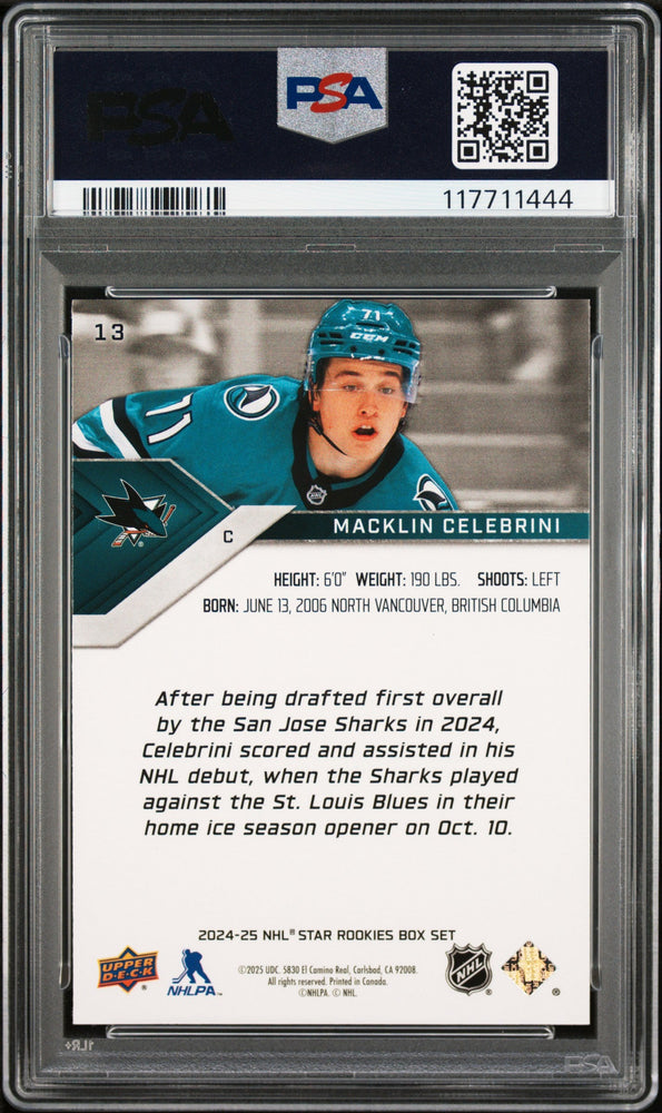Graded 2024 Upper Deck Star Rookie Macklin Celebrini #13 Box Set Rookie RC Hockey Card PSA 9 Mint (ONLINE ORDER ONLY)