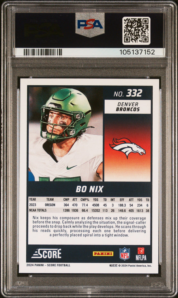 Graded 2024 Panini Scroe Bo Nix #322 Rookie RC Football Card PSA 10 Gem Mint (ONLINE ORDER ONLY)
