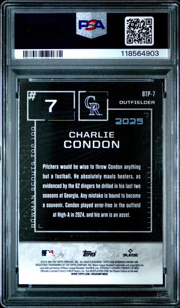 Graded 2025 Topps Bowman Charlie Condon #BTP7 Scouts Top 100 Rookie RC Baseball Card PSA 10 Gem Mint (ONLINE ORDER ONLY)
