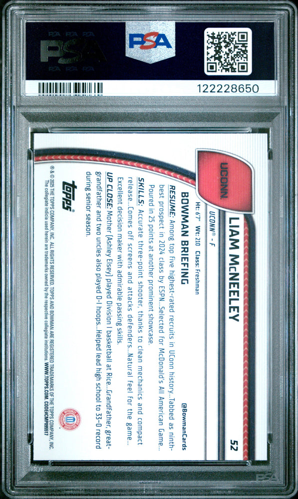 Graded 2024 Topps Bowman Chrome U Liam McNeeley #52 Rookie RC Basketball Card PSA 10 Gem Mint (ONLINE ORDER ONLY)