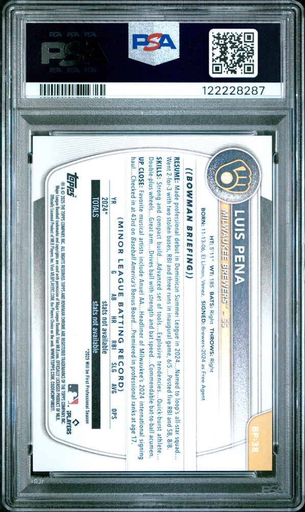 Graded 2025 Topps Bowman Luis Pena #BP38 Paper Prospects Rookie RC Baseball Card PSA 8 Near Mint (ONLINE ORDER ONLY)