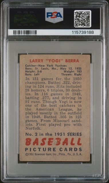 Graded 1951 Bowman Yogi Berra #2 Baseball Card PSA 2 Good (ONLINE ORDER ONLY)