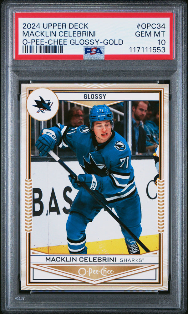 Graded 2024 Upper Deck Macklin Celebrini #OPC34 O-Pee-Chee Glossy Gold Rookie RC Hockey Card PSA 10 Gem Mint (ONLINE ORDER ONLY)