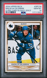 Graded 2024 Upper Deck Macklin Celebrini #OPC34 O-Pee-Chee Glossy Gold Rookie RC Hockey Card PSA 10 Gem Mint (ONLINE ORDER ONLY)