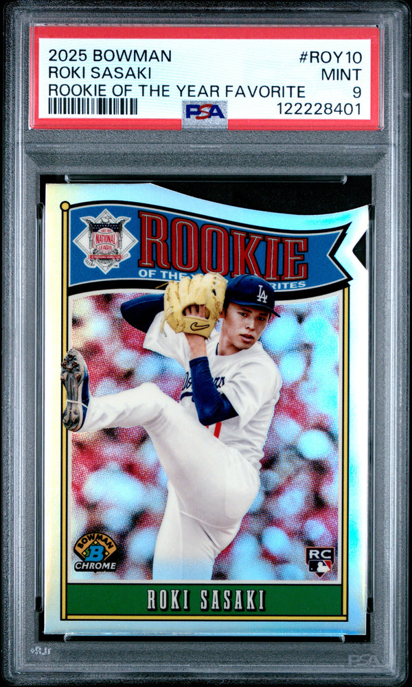 Graded 2025 Topps Bowman Roki Sasaki #ROY10 Rookie of the Year Favorite Rookie RC Baseball Card PSA 9 Mint (ONLINE ORDER ONLY)