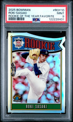 Graded 2025 Topps Bowman Roki Sasaki #ROY10 Rookie of the Year Favorite Rookie RC Baseball Card PSA 9 Mint (ONLINE ORDER ONLY)