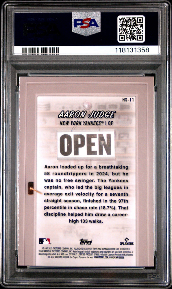 Graded 2025 Topps Bowman Aaron Judge #HS11 Hobby Stars Baseball Card PSA 10 Gem Mint (ONLINE ORDER ONLY)