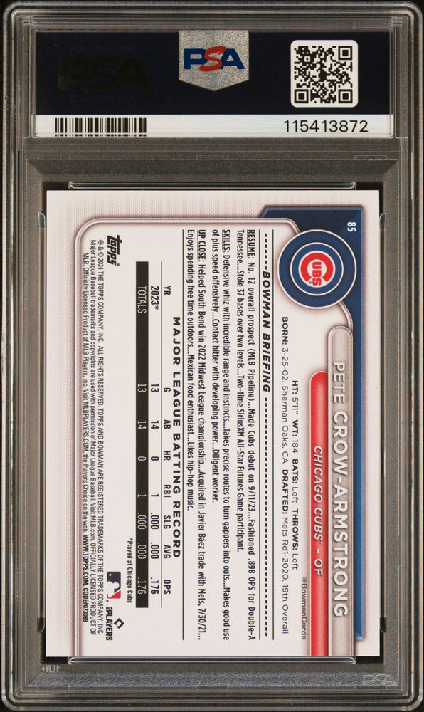 Graded 2024 Topps Bowman Pete Crow Armstrong #85 Rookie RC Baseball Card PSA 9 Mint (ONLINE ORDER ONLY)