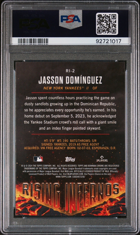 Graded 2024 Topps Bowman Jasson Dominguez #RI2 Rising Infernos Rookie RC Baseball Card PSA 10 Gem Mint (ONLINE ORDER ONLY)