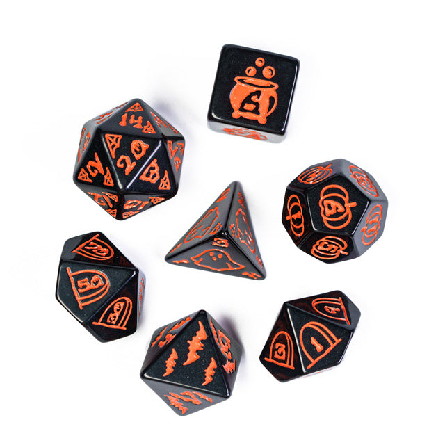 Halloween Black w/Orange | Pumpkin/Ghost/Bat/Cauldron 7-Dice Set DND (Online Only)