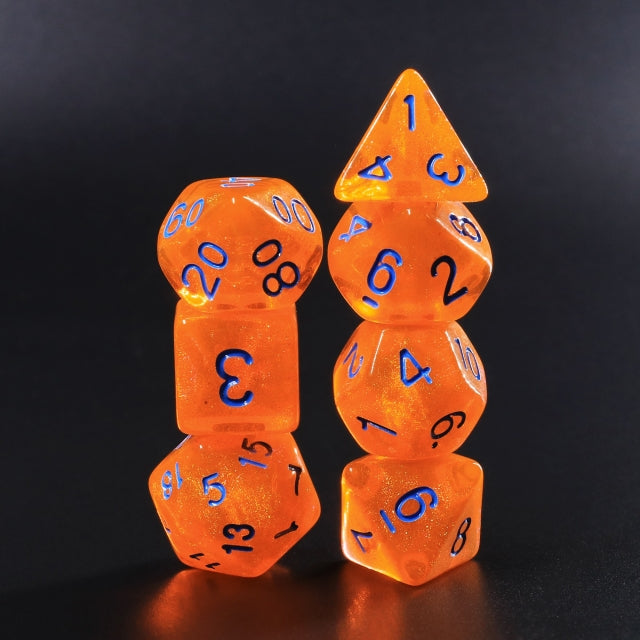 Pumpkin's Orange Glitter with Blue Numbering 7-Dice Set RPG (Online Only)