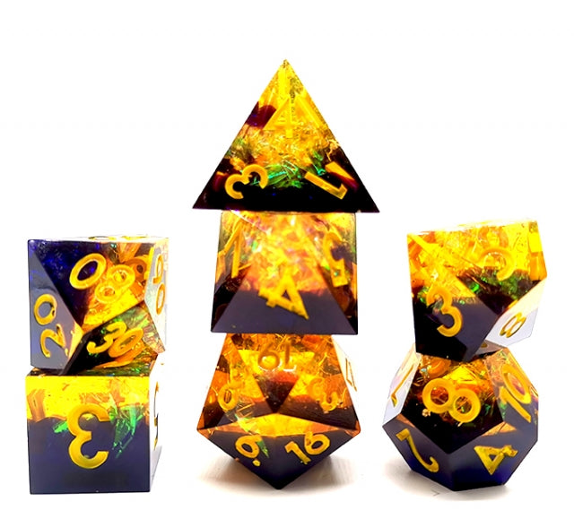 Starry Sky Yellow w/ Purple Shimmer 7-Dice Set Resin Sharp Edge RPG DND (Online Only)