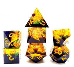 Starry Sky Yellow w/ Purple Shimmer 7-Dice Set Resin Sharp Edge RPG DND (Online Only)