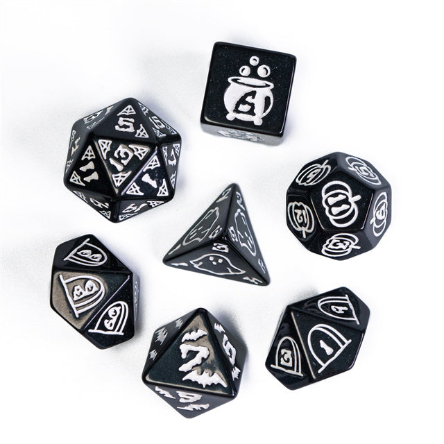 Halloween Black w/White | Pumpkin/Ghost/Bat/Cauldron 7-Dice Set DND (Online Only)
