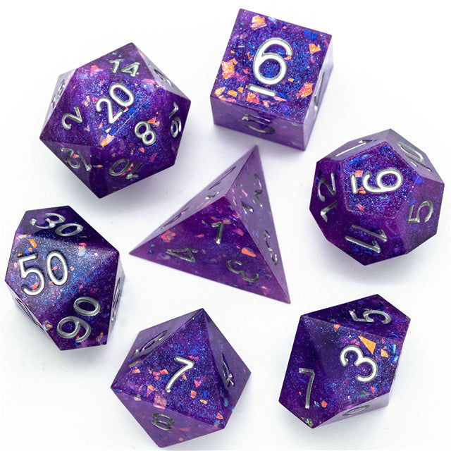 Purple Glitter Sharp Edge DND Dice Set | Gold Flake w/Silver Numbers (Online Only)