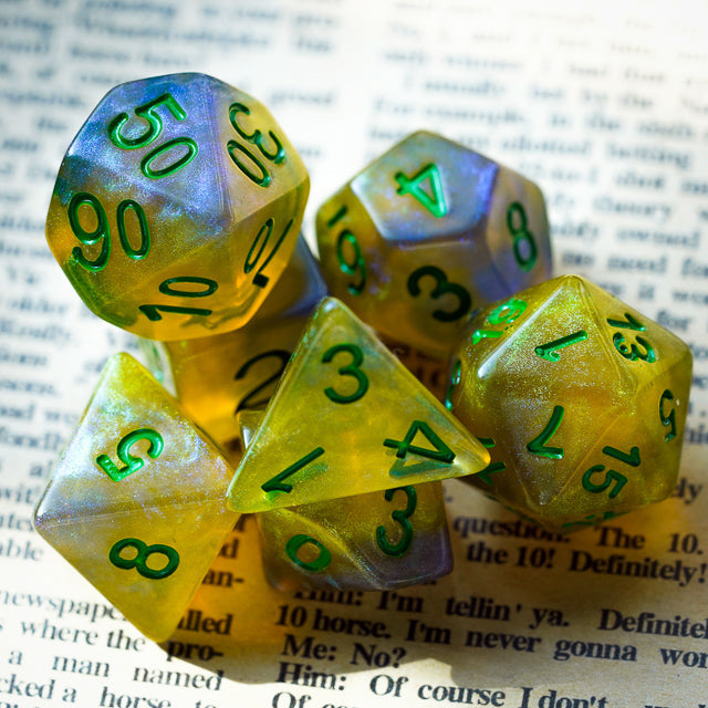 Blue & Yellow w/green Galaxy Glitter 7-Dice Set RPG (Online Only)