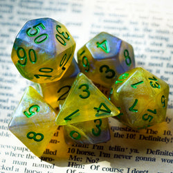 Blue & Yellow w/green Galaxy Glitter 7-Dice Set RPG (Online Only)