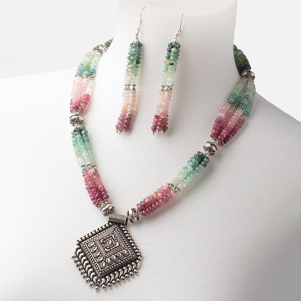Afghani Tourmaline Antiqued Silver Necklace and Earring Set (ONLINE ORDER ONLY)