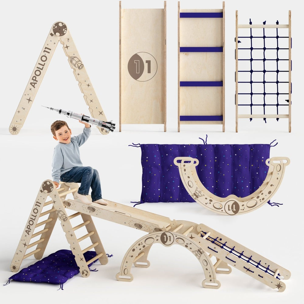 Apollo 5in1 Climbing Set:  Pikler Triangle, Net, Arch, Slide Board, and Cushion for Little Astronauts