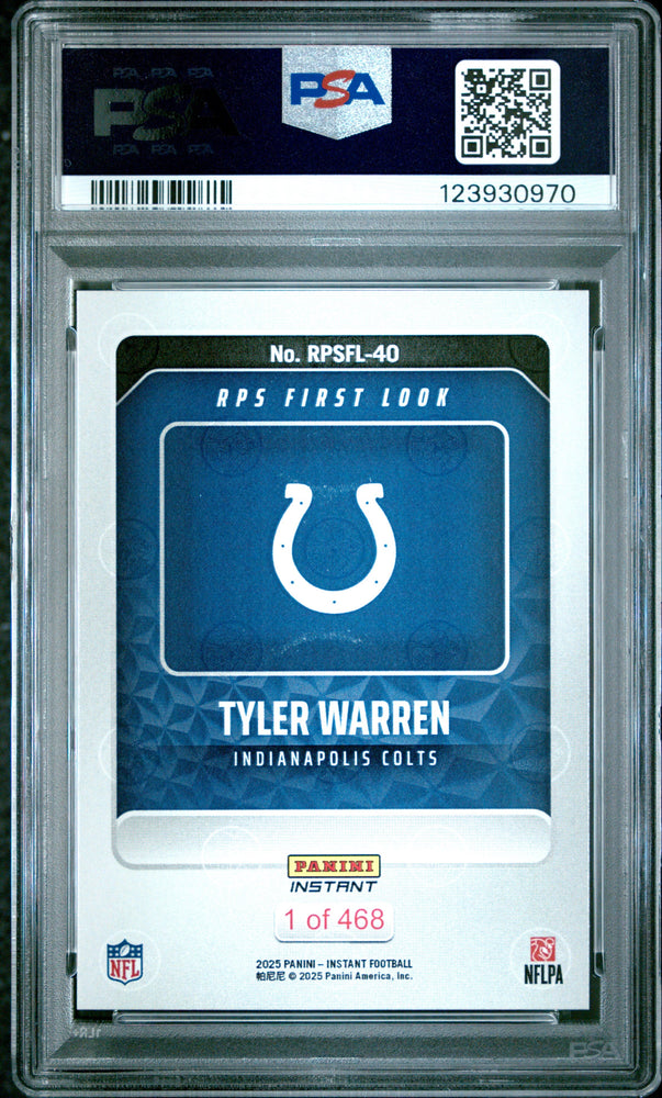 Graded 2025 Panini Instant Tyler Warren #RPSFL40 RPS First Look Rookie RC Football Card PSA 9 Mint (ONLINE ORDER ONLY)
