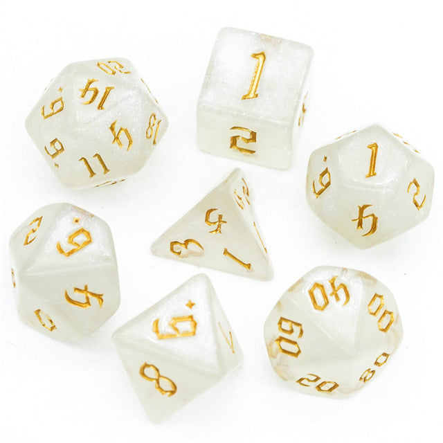 Glitter Party White Glitter Dice (Gold font) 7-Dice Set RPG DND (Online Only)