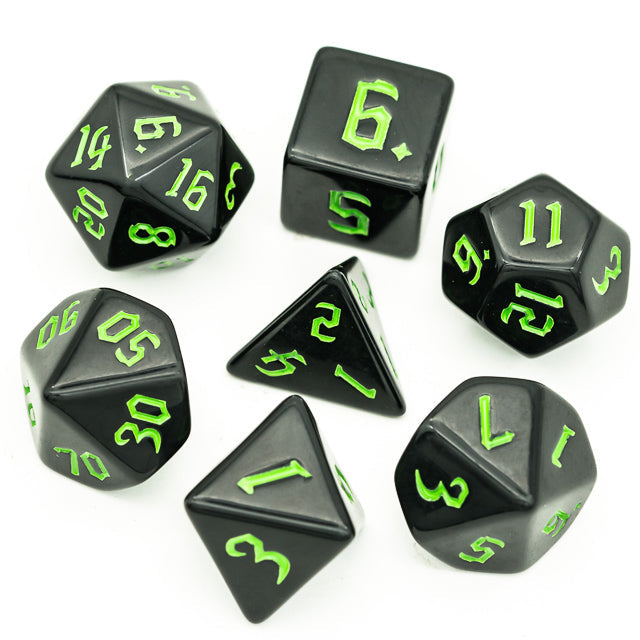 Economy Black Dice (Green font) 7-Dice Set RPG DND (Online Only)