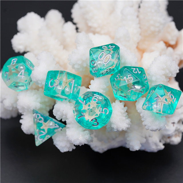 Starfish & Pearl Floating in Green Glitter 7-Dice Set (Online Only)