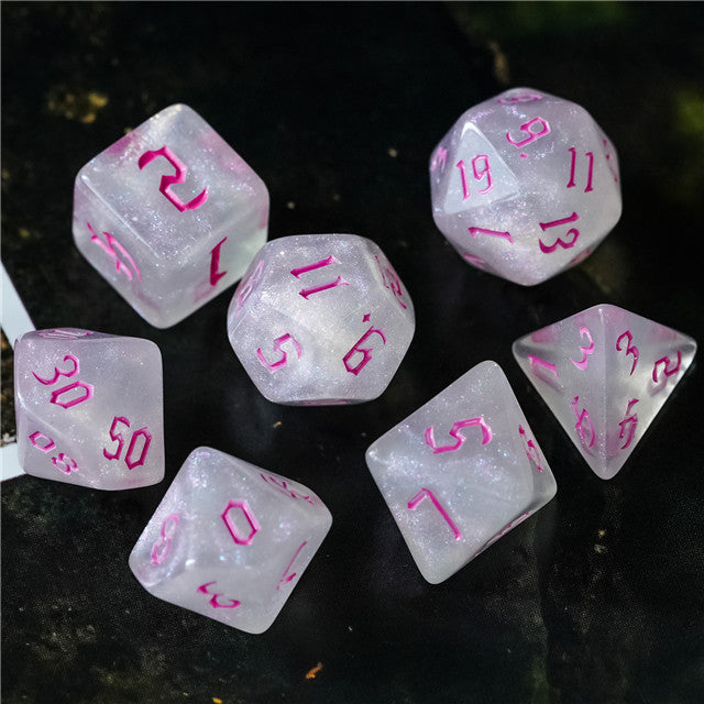 Glitter Party White Glitter Dice (Pink font) 7-Dice Set RPG DND (Online Only)