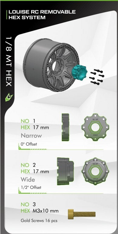 Louise RC MT-Uphill Sport 1/8 3.8 Monster Truck MFT Belted Tires 17mm Hex Hub 0" & 1/2" Offset LT3322X (ONLINE ORDER ONLY)