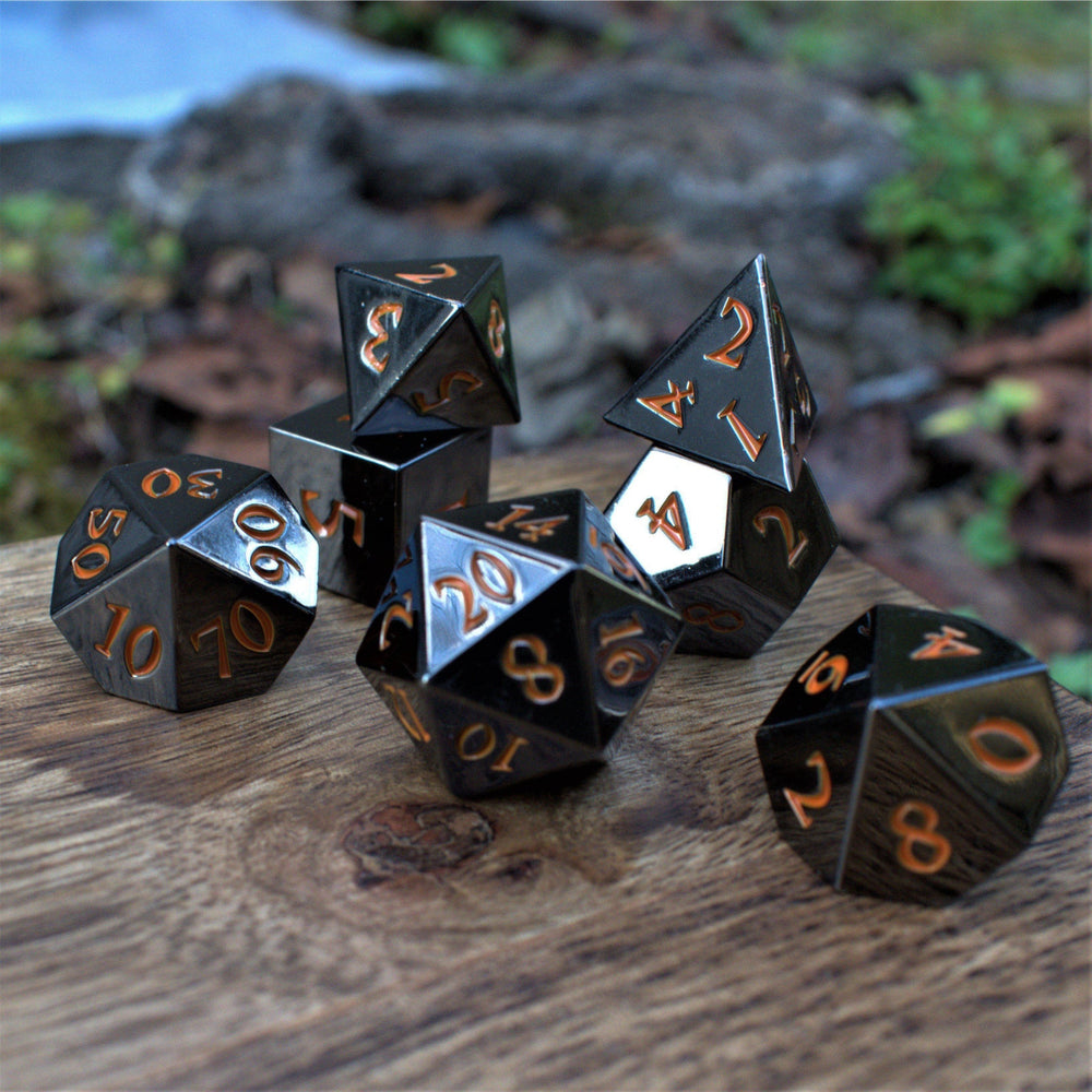 Black and Orange Sharp-Edged Metal Dice (ONLINE ORDER ONLY)