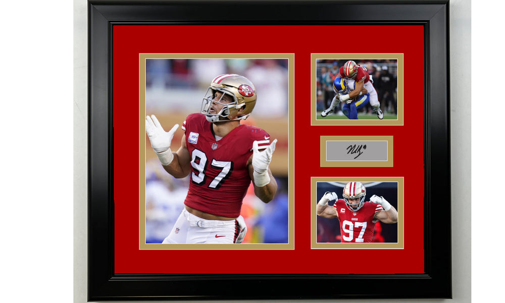 Framed San Francisco 49ers Nick Bosa Facsimile Laser Engraved Signature Football 14x11 3 Photo Collage (ONLINE ORDER ONLY)