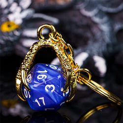 Claw Blue D20 Keychain Featuring Gold Metal Dragon Claw + d20 (Online Only)