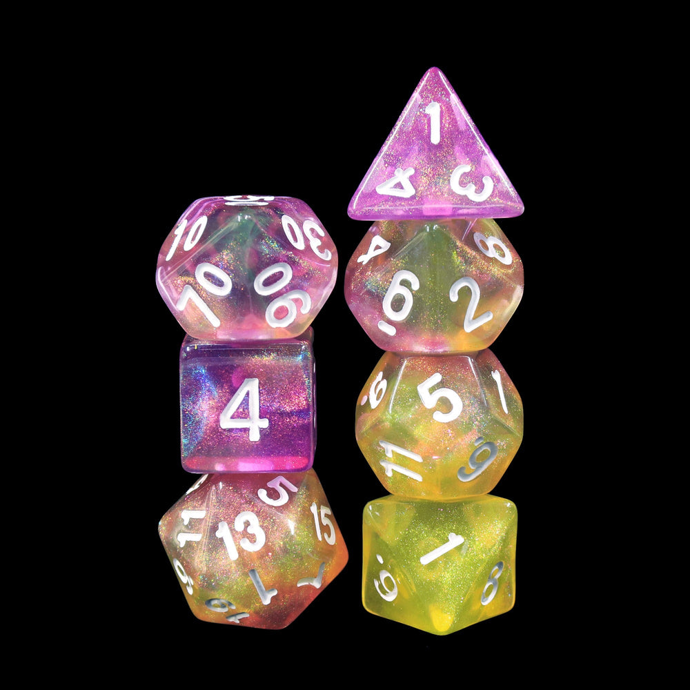 Lemon Jelly Purple/Yellow Glitter 7-Dice Set by HendgaDice (Online Only)