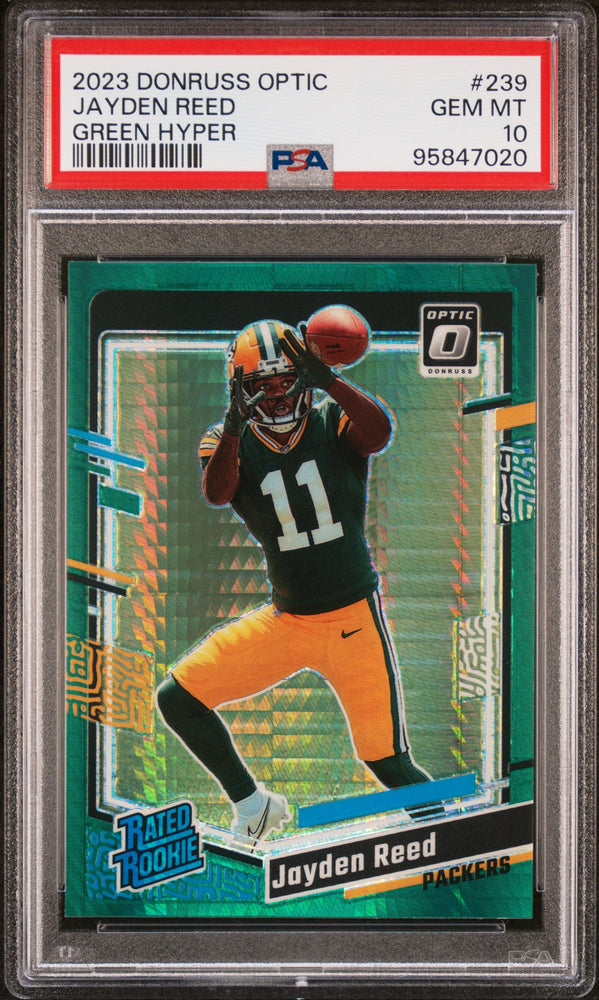 Graded 2023 Panini Donruss Optic Jayden Reed #239 Green Hyper Rookie RC Football Card PSA 10 Gem Mint (ONLINE ORDER ONLY)