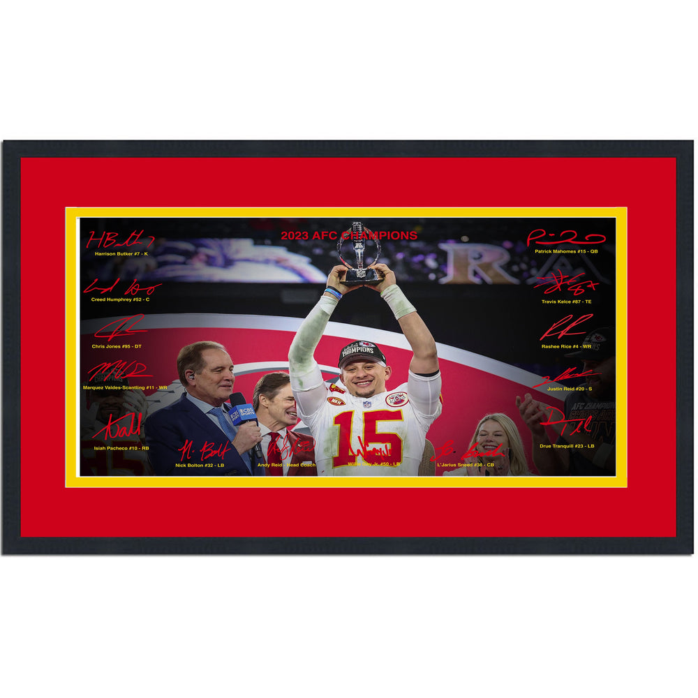 Framed Kansas City Chiefs 2023 AFC Champions Facsimile Signature Team Auto 16x24 Football Photo (ONLINE ORDER ONLY)