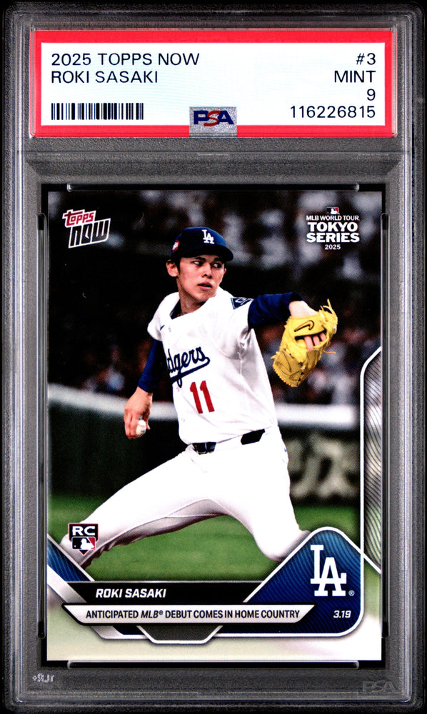 Graded 2025 Topps Now Roki Sasaki #3 Rookie RC Baseball Card PSA 9 Mint (ONLINE ORDER ONLY)