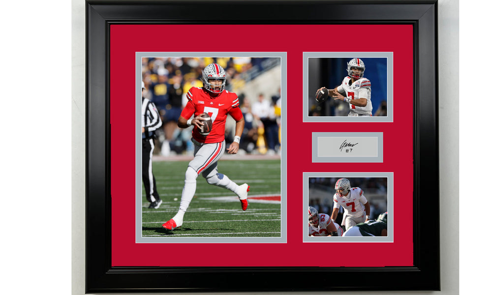Framed C.J. Stroud Ohio State Buckeyes Facsimile Laser Engraved Signature Football 14x11 3 Photo Collage (ONLINE ORDER ONLY)