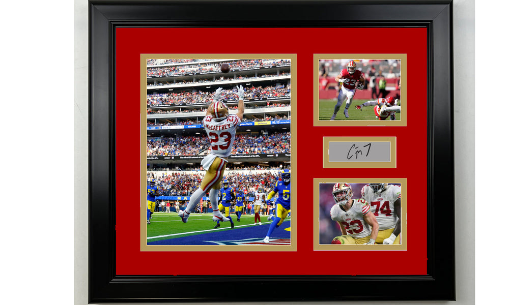 Framed Christian McCaffrey San Francisco 49ers Facsimile Laser Engraved Signature Football 14x11 3 Photo Collage (ONLINE ORDER ONLY)