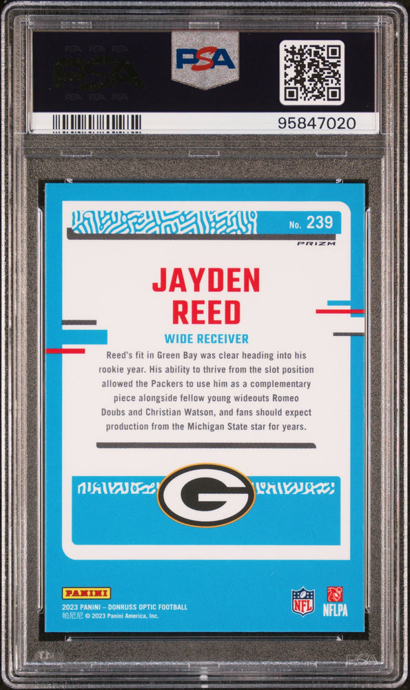 Graded 2023 Panini Donruss Optic Jayden Reed #239 Green Hyper Rookie RC Football Card PSA 10 Gem Mint (ONLINE ORDER ONLY)