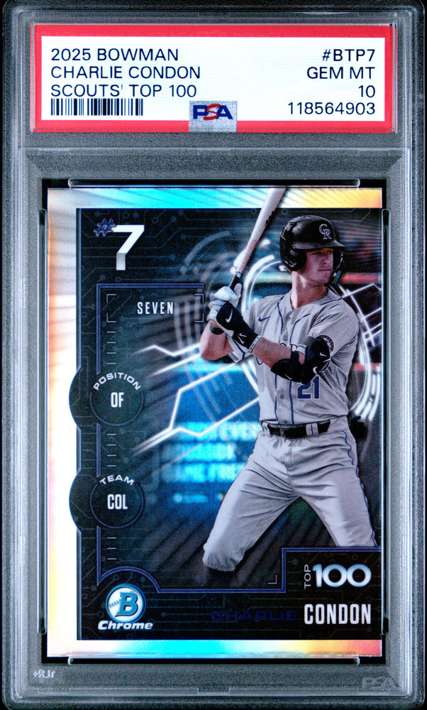 Graded 2025 Topps Bowman Charlie Condon #BTP7 Scouts Top 100 Rookie RC Baseball Card PSA 10 Gem Mint (ONLINE ORDER ONLY)