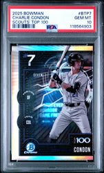 Graded 2025 Topps Bowman Charlie Condon #BTP7 Scouts Top 100 Rookie RC Baseball Card PSA 10 Gem Mint (ONLINE ORDER ONLY)