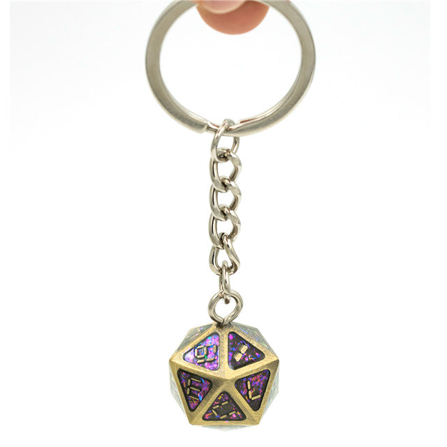Metal D20 w/ Purple Glitter Keychain Analogue Font d20 (Online Only)