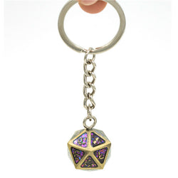 Metal D20 w/ Purple Glitter Keychain Analogue Font d20 (Online Only)