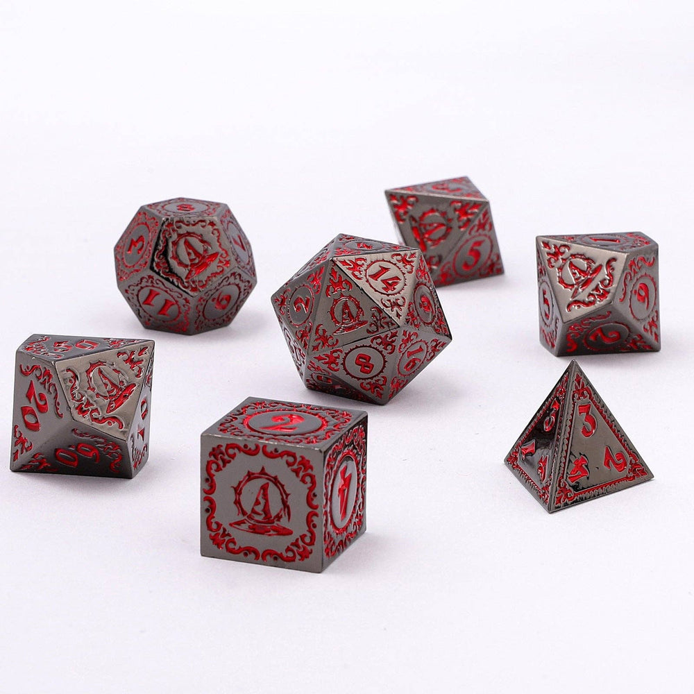 Wizard Solid Metal Polyhedral Dice Set - Gunmetal with Blood (ONLINE ORDER ONLY)