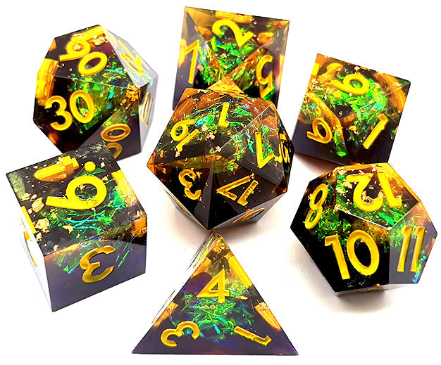 Starry Sky Yellow w/ Purple Shimmer 7-Dice Set Resin Sharp Edge RPG DND (Online Only)
