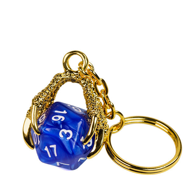Claw Blue D20 Keychain Featuring Gold Metal Dragon Claw + d20 (Online Only)