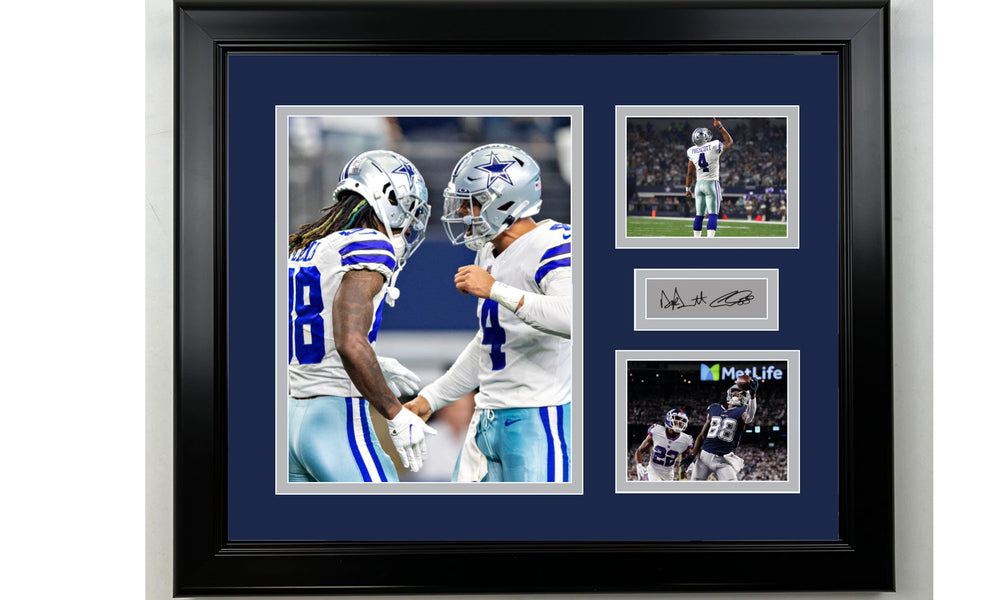 Framed Dak Prescott and CeeDee Lamb Dallas Cowboys Facsimile Laser Engraved Signature Football 14x11 3 Photo Collage (ONLINE ORDER ONLY)